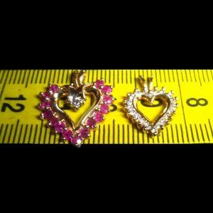 Solid 10k Yellow Gold Two Hearts Pendants Rubies Diamonds Accent
